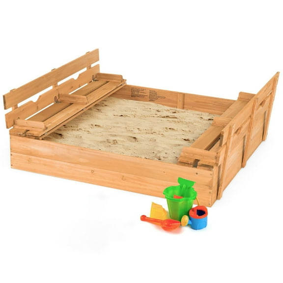 Spaco Kids Wooden Sandbox with 2 Foldable Bench Seats, Backyard Sandbox, Kids Sand Activity Sensory Play Pit, Toddler Summer Outdoor Toys, 1+ Years Old