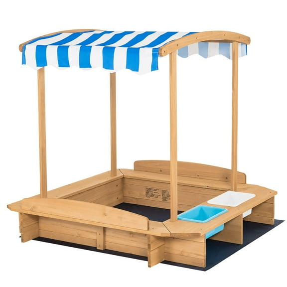Spaco Kids Wooden Sandbox with Striped Canopy, Backyard Sandbox, Kids Sand Activity Sensory Play Pit, Toddler Summer Outdoor Toys, 1+ Years Old