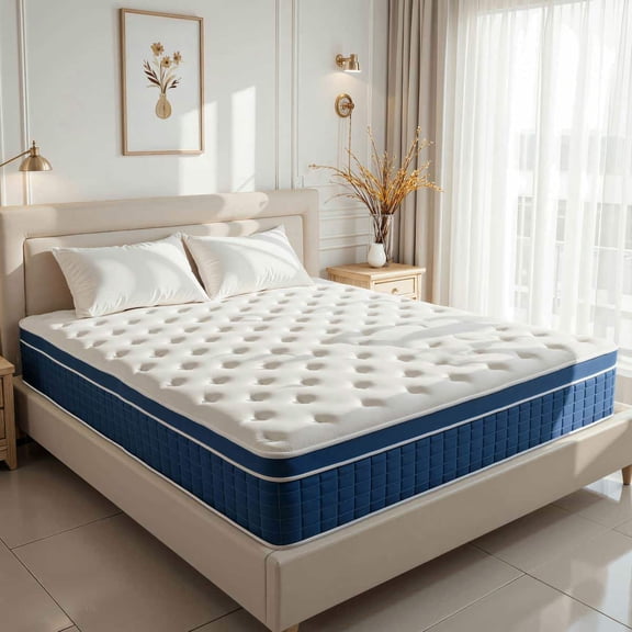 Spaco King Size Compressible Roll Up Mattress, 14 Inch Memory Foam Hybrid Mattress Including Independent Bagged Springs, Medium Firm Support, White and Blue