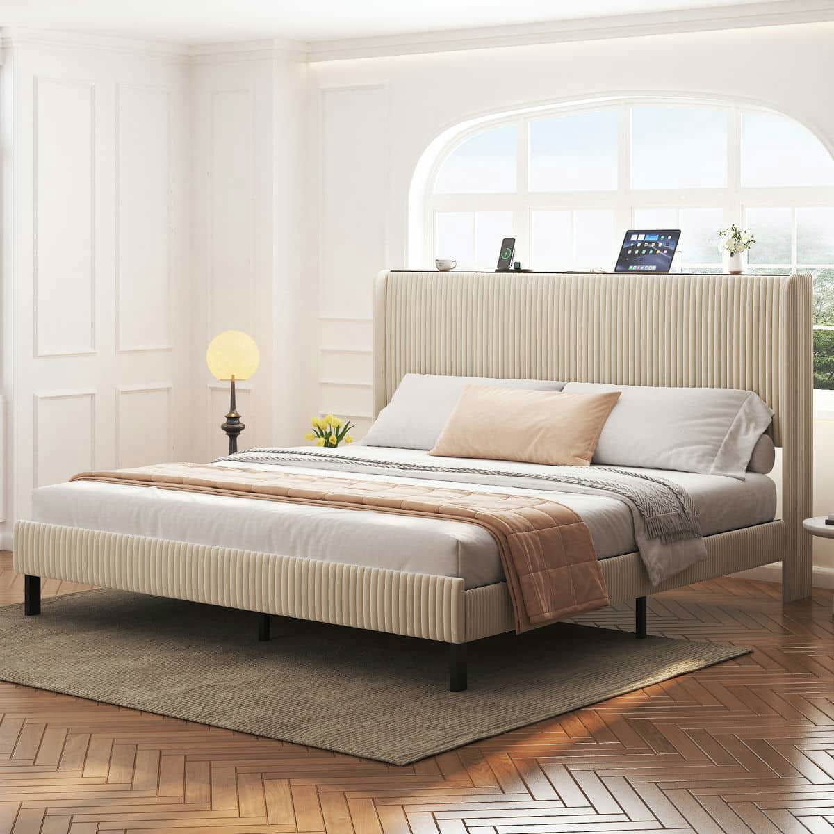 Spaco King Size Platform Bed Frame, Metal Bed Frame with Charging Station for Indoor as Bedroom, No Box Spring Needed, Noise Free, Easy Assemble, Beige