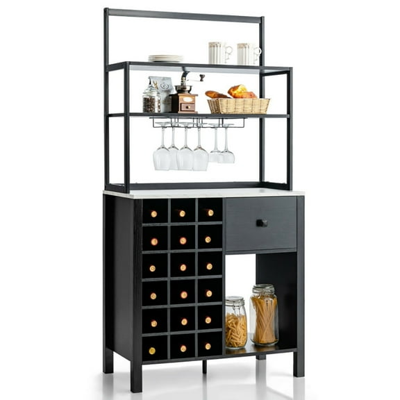 Spaco Kitchen Bakers Rack Freestanding Wine Rack Table with Glass Holder and Drawer-Black, Kitchen Storage Shelf for Spices, Pots, and Pans