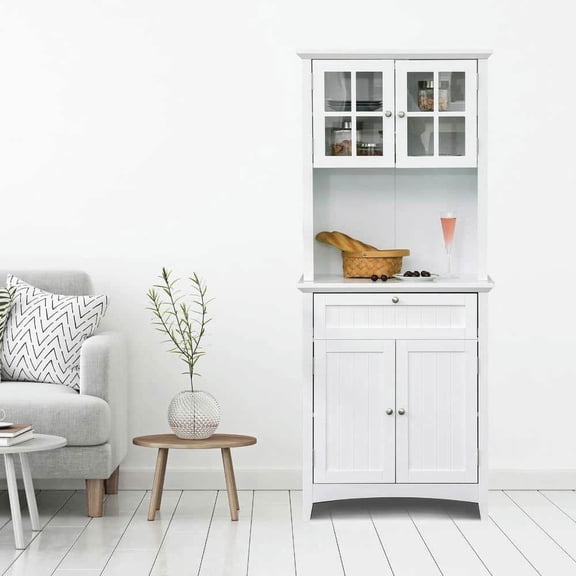 Spaco Kitchen Buffet Hutch Cabinet, Freestanding Kitchen Pantry with Drawer and Microwave Space, Storage Cabinet Cupboard with Framed Glass Door for Indoor as Kitchen, Bar, Dining Room, White