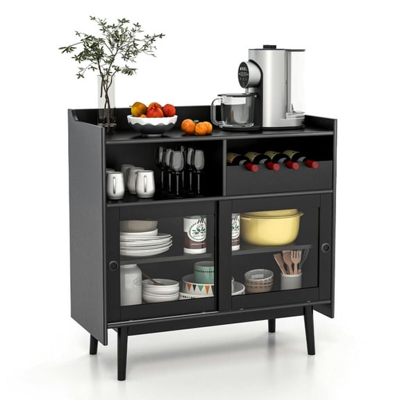 Spaco Kitchen Buffet Sideboard with Wine Rack and Sliding Door, Thickened Material Sideboard with Sturdy Construction, Black