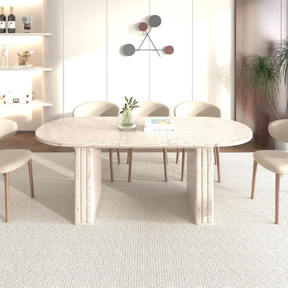 Spaco Kitchen Extendable Dining Table, Oval, Wooden Strip Base, Travertine Inspired, for 4 - 8, Beige