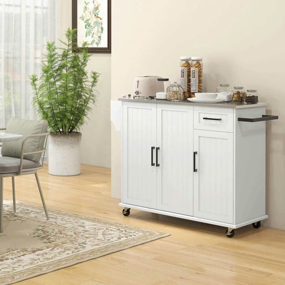 Spaco Kitchen Island Cart with Stainless Steel Countertop, Rolling Kitchen Island on Wheels with Drawer and 3 Cabinets, Kitchen Island with Spice Rack and Towel Rack for Living Room, White