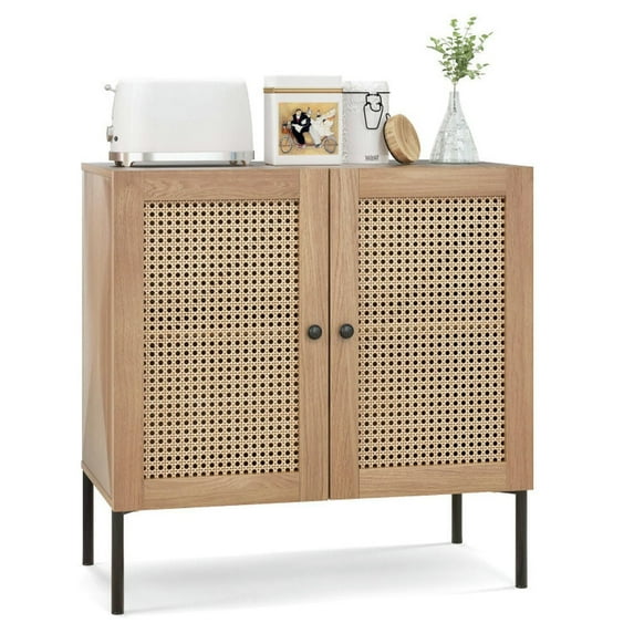 Spaco Kitchen Sideboard with 2 Rattan Doors and Adjustable Shelf, Classic Rattan Sideboard, Cabinet for Indoor, Natural