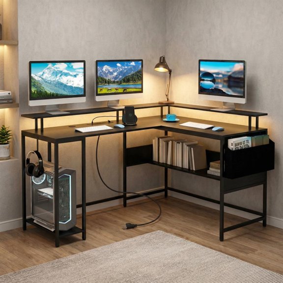 Spaco L-Shape Game Desk with RGB LED Lights Power Station Ergonomic Monitor Riser Cable Organizer Headset Hanger Storage Pouch Home Office Desk, Black