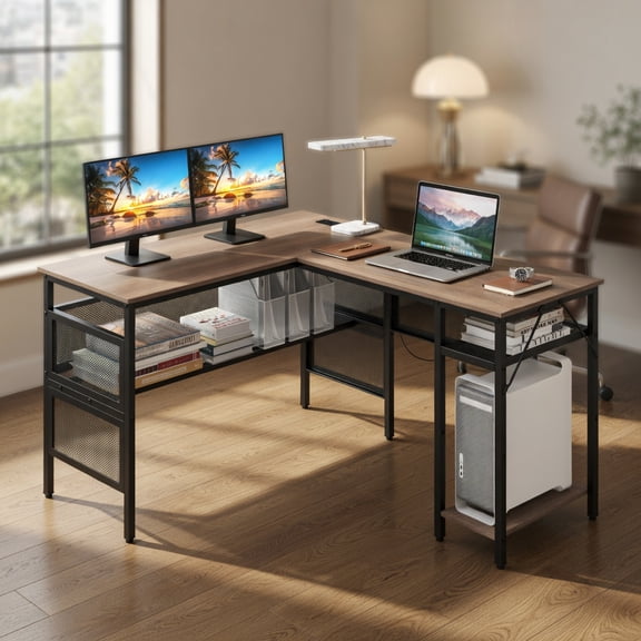 Spaco L-Shaped Computer Desk with Charging Station and Adjustable Shelf-Gray, Office Desk, Gaming Computer Desks for Study,Working,Writing
