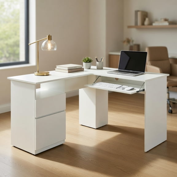 Spaco L-Shaped Computer Desk with Letter File Drawer-White, Office Desk, Gaming Computer Desks for Study,Working,Writing