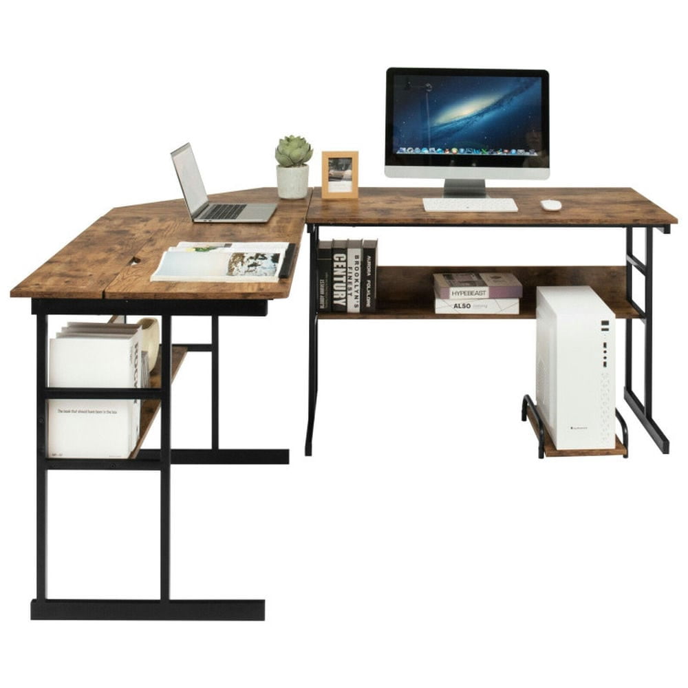 Spaco L-Shaped Computer Desk with Tiltable Tabletop-Rustic Brown ...