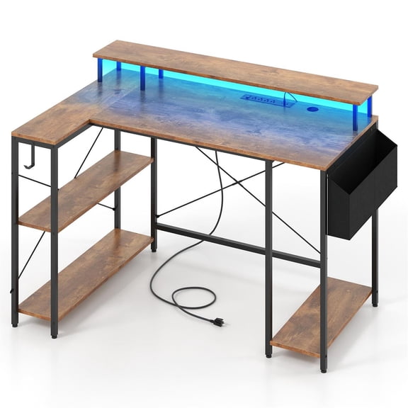 Spaco L-Shaped Gaming Desk - RGB LED Adjustable Brightness, Power Outlets & LED Lights, Rustic Brown