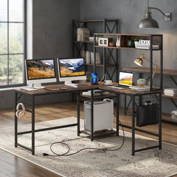 Spaco L-shaped Desk with Power Outlet Hutch-Rustic Brown, Office Desk, Gaming Computer Desks for Study,Working,Writing