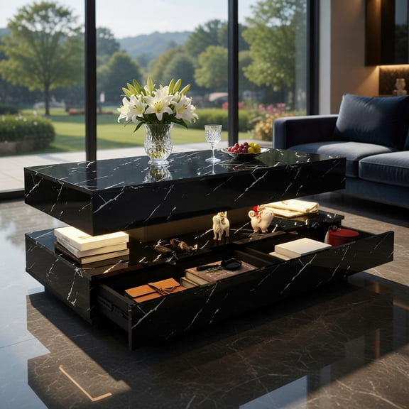 Spaco LED Coffee Table, Faux Marble Top with Wireless Charging Bluetooth Speaker 24-Color RGB Light, Black