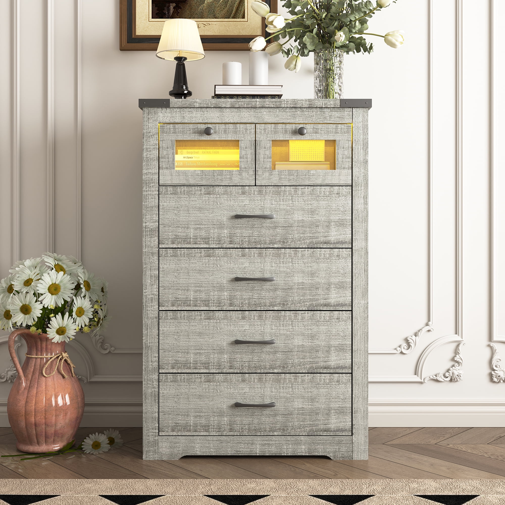 Spaco LED Dresser, 6-Drawer Bedroom Chest with Bamboo Panels, Gray ...