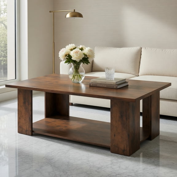 Spaco Large 36/41 Inch 2-tier Wooden Modern Coffee Table with Storage Shelf, Coffee Table for Indoor as Home, Brown