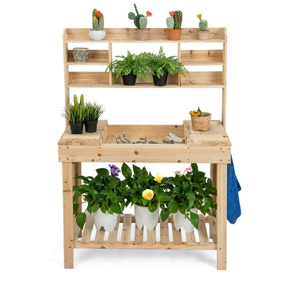 Spaco Large Garden Potting Bench Table with Display Rack and Hidden Sink-Natural, Flower Pot Stand for Planter Corner Garden Balcony Patio
