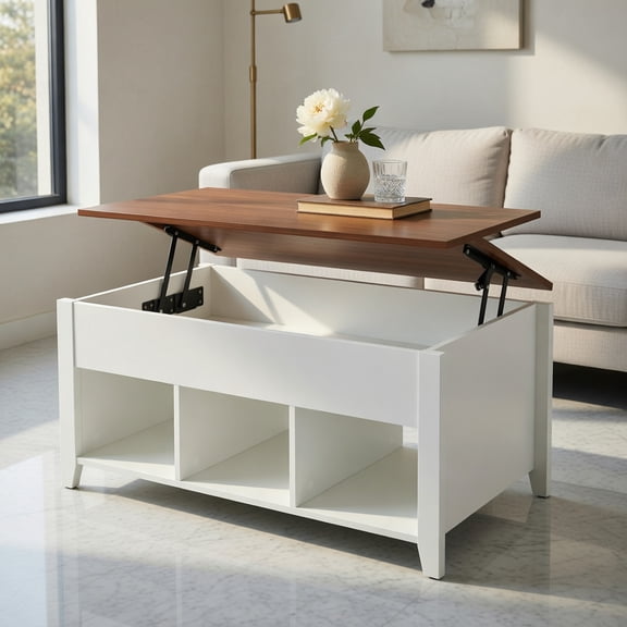 Spaco Lift Top Coffee Table with Hidden Storage Compartment-White, Solid Wood Leg Desk, Adjustable Height, Chipboard Top, Stylish Design, Perfect for Any Room