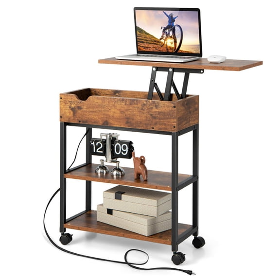Spaco Lift Top End Table with Charging Station and Universal Wheels-Rustic Brown, Nightstand Small Side Table, End Table for Bedroom Living Room