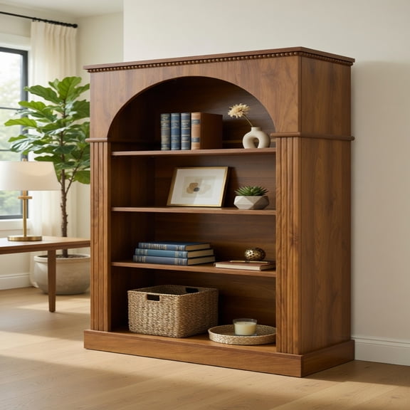 Spaco Light Walnut 3-Tier Arched Bookshelf, Beaded Trim Rustic Display Cabinet for Home Office