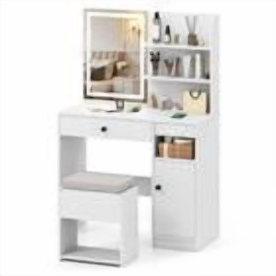 Spaco Lighted Vanity Desk, 3 Dimming Modes with Adjustable Brightness, Built-In Charging Ports, Multi-Drawer Storage, Bedroom Use, White