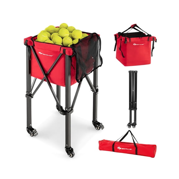 Spaco Lightweight Foldable Tennis Ball Teaching Cart with Wheels and Removable Bag-Red, Light Aluminum Alloy Trolley for Tennis Balls, Portable Compact Design