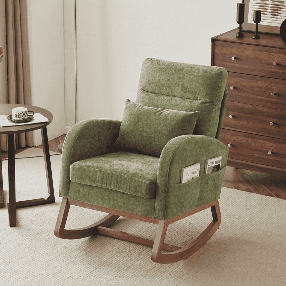 Spaco Linen Rocking Chair with Thick Headrest, Upholstered Mid-Century Modern Nursing Rocker Glider with Curved Armrest and Sturdy Solid Wood Base for Living Room, Bedroom, Baby Room, Green