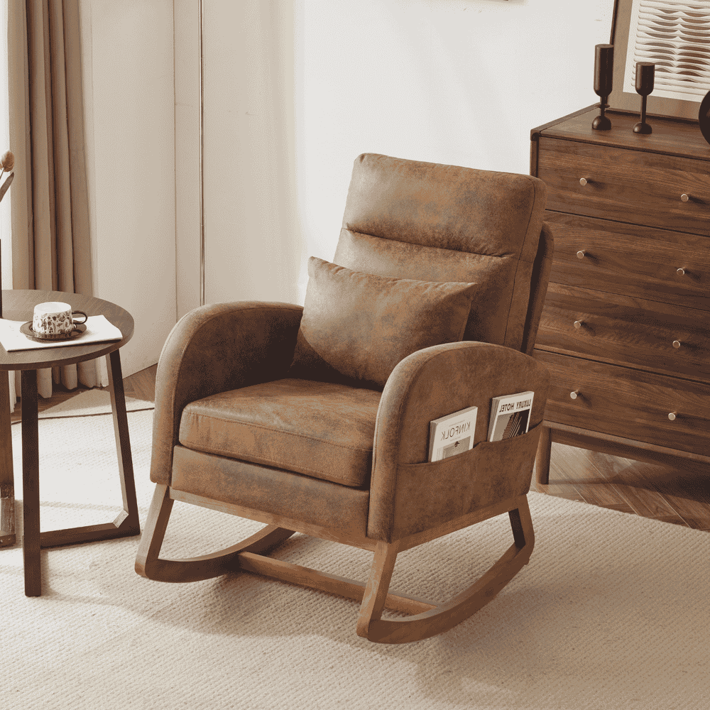 Spaco Linen Rocking Chair with Thick Headrest, Upholstered Mid-Century Modern Nursing Rocker Glider with Curved Armrest and Sturdy Solid Wood Base for Living Room, Bedroom, Baby Room, Brown