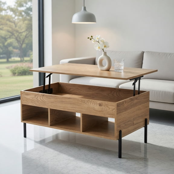 Spaco Living Room Central Table with Lifting Tabletop and Metal Legs-Natural, Modern Coffee Table for Living Room Office Reception