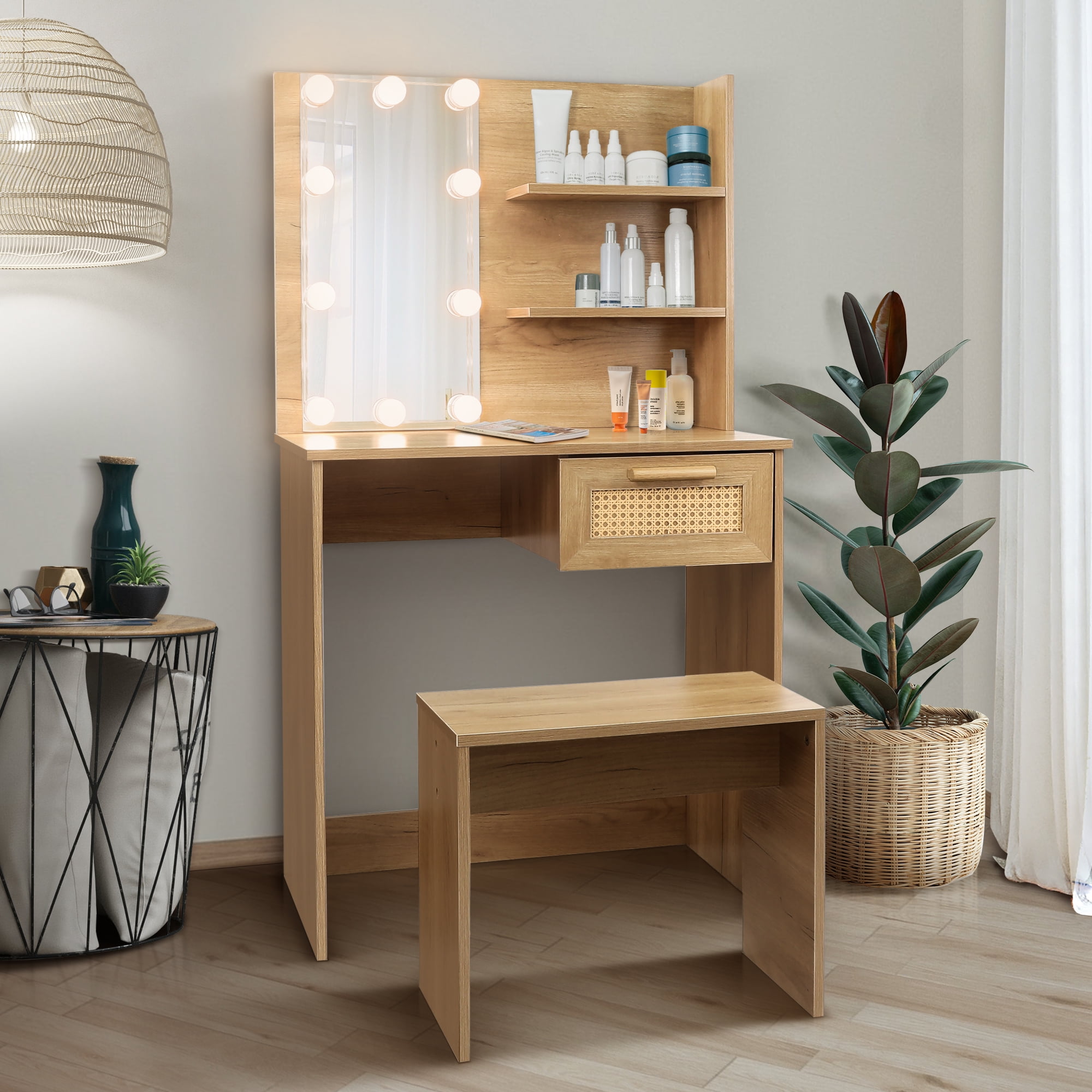 Spaco Makeup Table with LED Lighting Mirror, Makeup Vanity Desk with Modern Wood Cosmetic Table Chest of Drawers, Nature Spaco Makeup Table with LED Lighting Mirror, Makeup Vanity Desk with Modern Wood Cosmetic Table Chest of Drawers, Nature