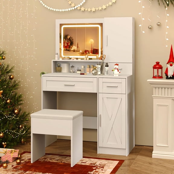 Spaco Makeup Vanity Desk with Mirror and LED Lights, Dressing Table and Stool Set for Indoor as Bedroom, White
