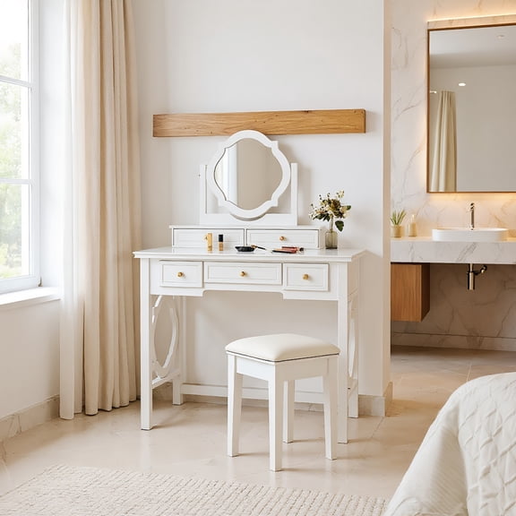 Spaco Makeup Vanity Table with Reversible Mirror and Stool, Compact Dressing Table Set, Space-Saving Beauty Station for Indoor as Bedroom, Living Room, White