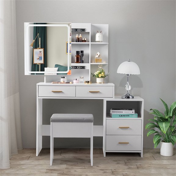 Spaco Makeup Vanity with Light and Mirror, Vanity Set with LED Touch 3 Tone Light Function, 4 Drawers, Cushioned Stool, White