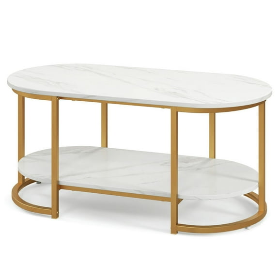 Spaco Marble Coffee Table with Open Storage Shelf-White , Modern Coffee Table for Living Room Office Reception