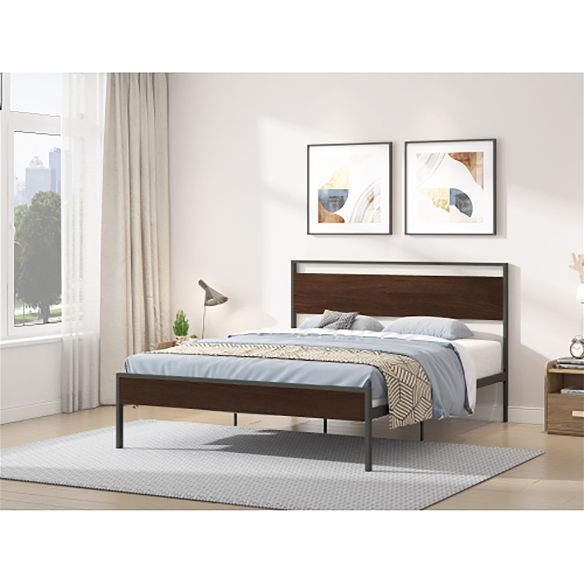 Spaco Metal Bed Frame with Walnut Wood Headboard&Footboard, Queen Bed Frame with Slat Support, Easy Assembly, Black Spaco Metal Bed Frame with Walnut Wood Headboard&Footboard, Queen Bed Frame with Slat Support, Easy Assembly, Black