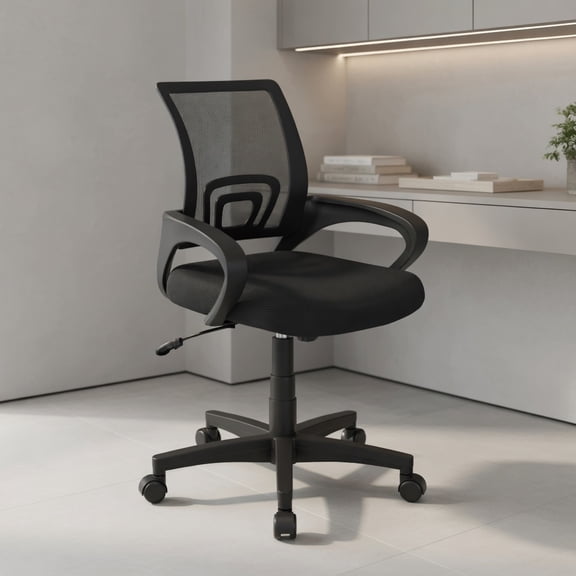Spaco Mid Back Mesh Office Chair Ergonomic Computer Chair with Waist Support Breathable Mesh Waterfall Seat Curved Armrests Height Adjustable Tension Control, Black