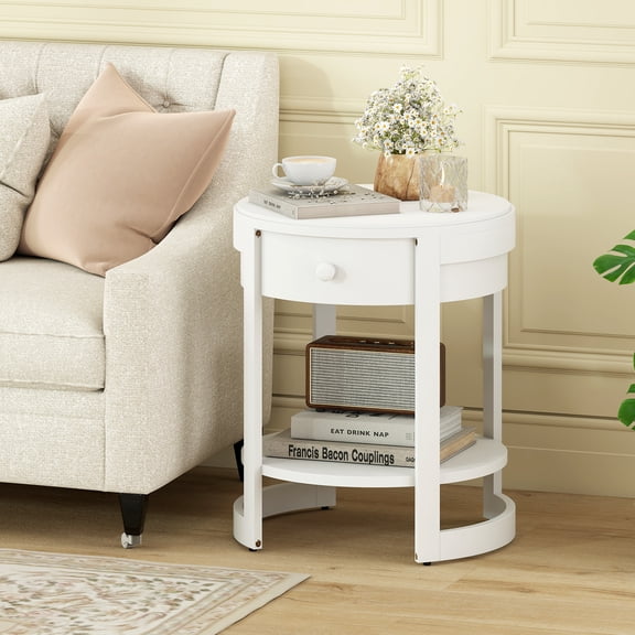 Spaco Mid-Century 2-Tier Round End Table, Pull-Out Storage Drawer, Solid Rubber Wood Legs, White