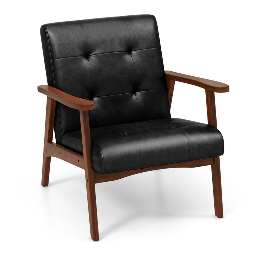 Black Leather Mid-Century Modern Accent Chair with Wooden Frame