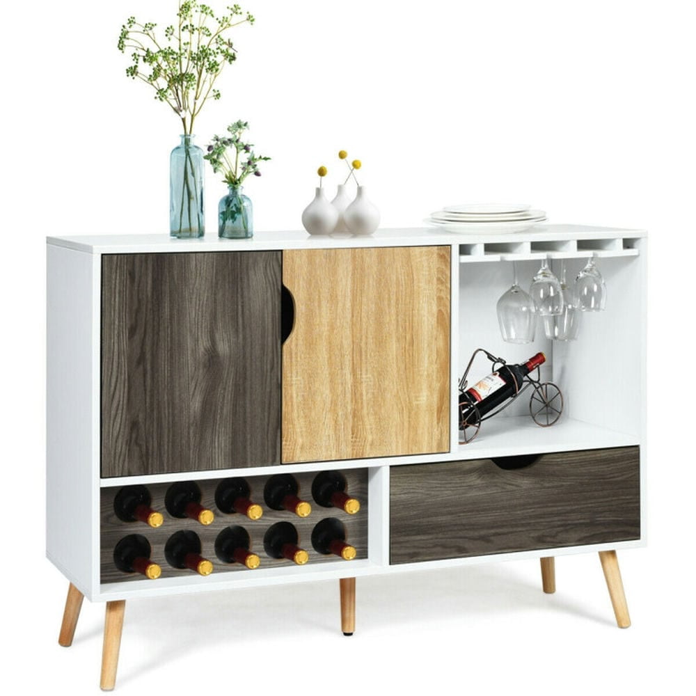 Mid-Century White and Brown Wooden Buffet Sideboard with Wine Rack