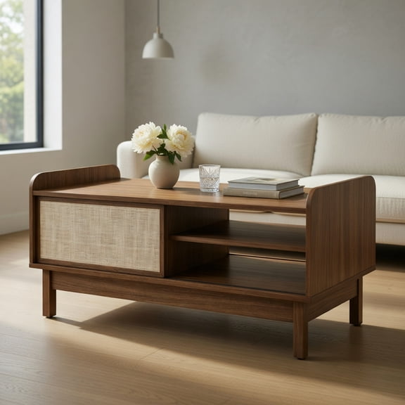 Spaco Mid-Century Center Table with Storage and Weaving Sliding Door & Adjustable Shelf-Walnut, Mid Century Modern TV Stand for Living Room Bedroom