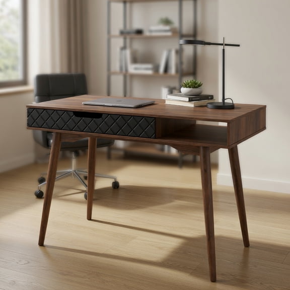 Spaco Mid-Century Modern Computer Desk - Rubber Wood Legs Anti-Tip Device, Drawer & Open Compartment, Brown