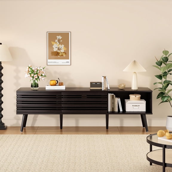 Spaco Mid Century Modern Fluted TV Stand, 70" TV Storage Boho Media Console with Cable Management, Dark Walnut