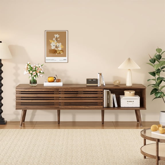 Spaco Mid Century Modern Fluted TV Stand, 70" TV Storage Boho Media Console with Cable Management, Natural Walnut