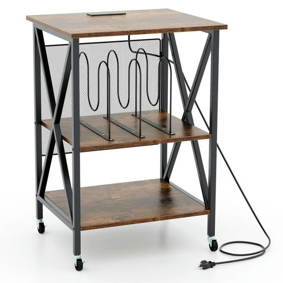 Spaco Mid-Century Record Player Stand with Built-in Charging Station-Rustic Brown, End Table