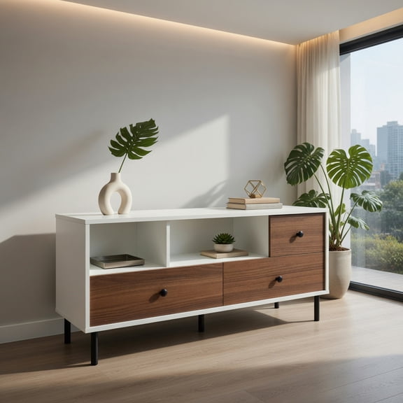 Spaco Mid-Century TV Stand for 50-inch TVs with 2 Cubbies and 3 Drawers, Mid Century Modern TV Stand for Living Room Bedroom