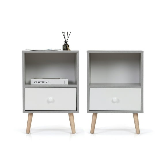 Spaco Mid-Century Wood Nightstand Set of 2, Bed Sofa Side Table with Drawer and Shelf, Modern End Table for Living Room Bedroom Office, Night Stand