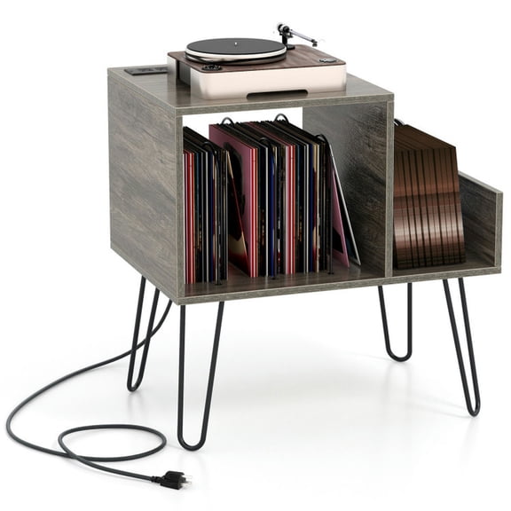 Spaco Mid-century Record Player Stand with Power Outlet and Vinyl Divider-Gray, End Table