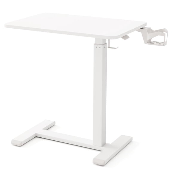 Spaco Mobile Height-Adjustable Overbed Table, Gas Spring Lift Mechanism, Built-in Cup Holder, Hidden Wheels, White