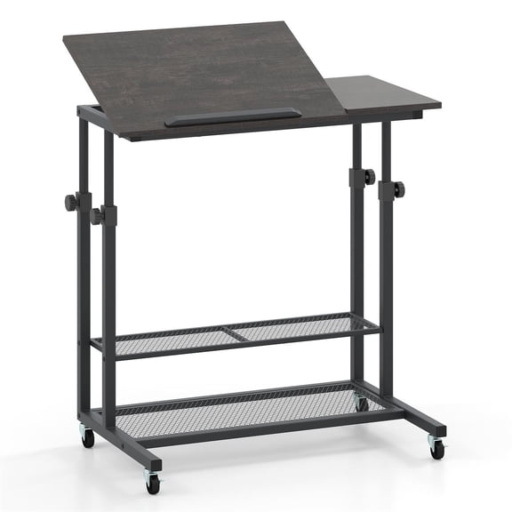 Spaco Mobile Height-Adjustable Standing Desk - Rotary Knobs Mesh Shelves, Tilting Tabletop, Oak