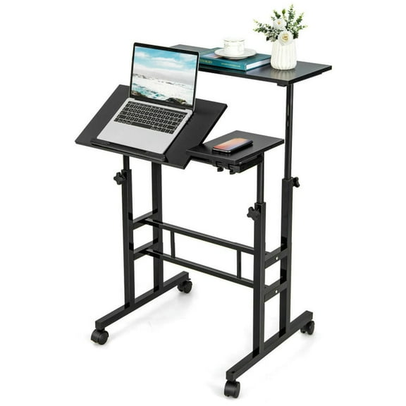 Spaco Mobile Stand up Computer Desk with 2 Tilting Desktops-Black, Office Furniture, Portable Desk for Home and Office
