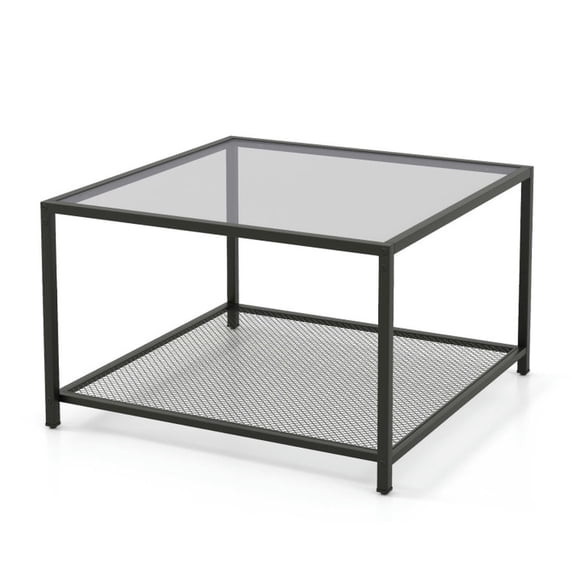Spaco Modern 2-Tier Square Glass Coffee Table with Mesh Shelf-Gray, Modern Coffee Table for Living Room Office Reception